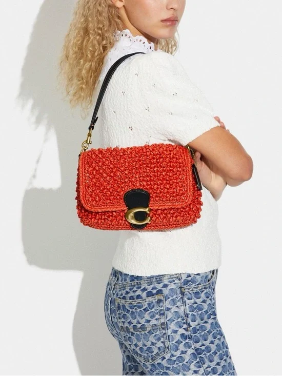 Coach Straw Soft Tabby Shoulder Crossbody Bag Red Orange Black Brass Woven CA032 - Picture 15 of 16